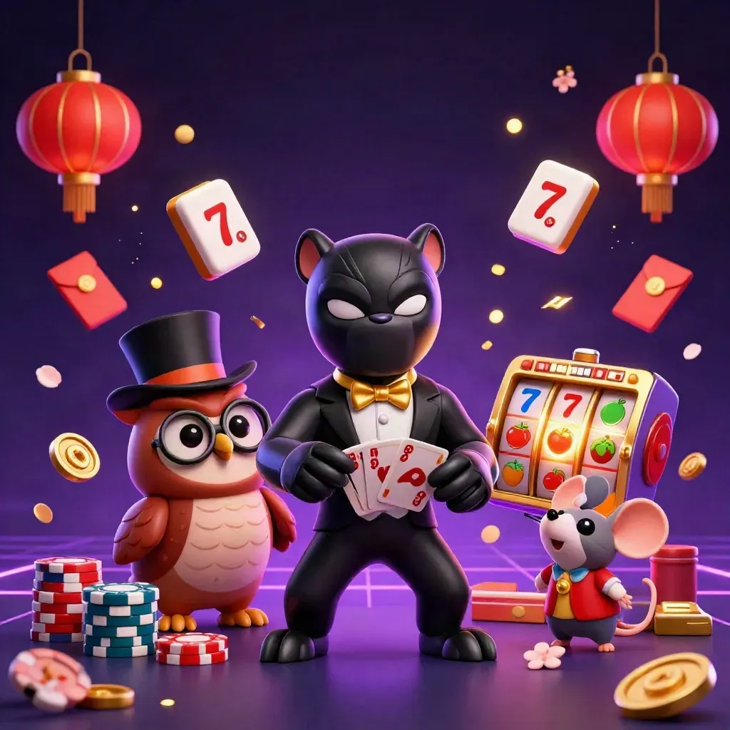 Panther, owl, and mouse in royal purple casino magic amid lanterns, coins, and treasure glow.