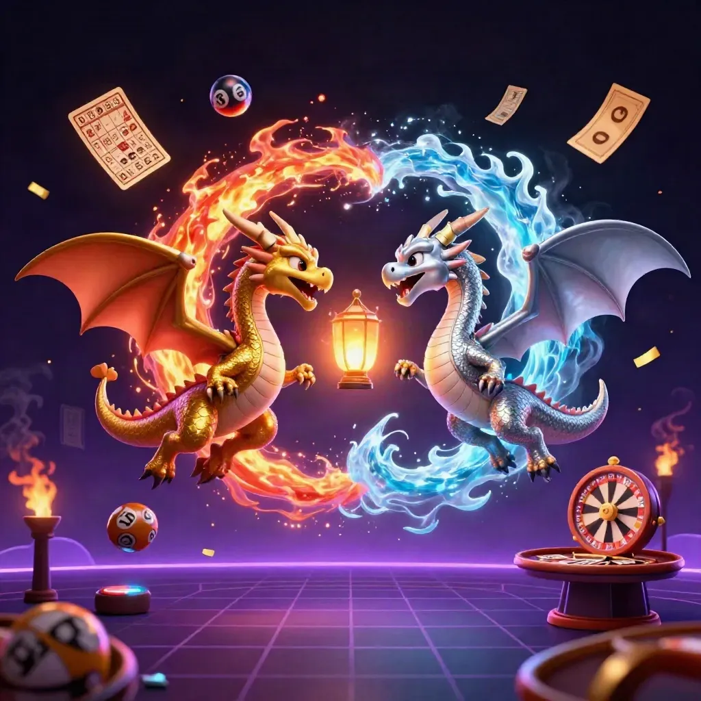 Gold and silver dragons swirl in a neon casino vortex with lottery balls, a wheel, and glowing lights
