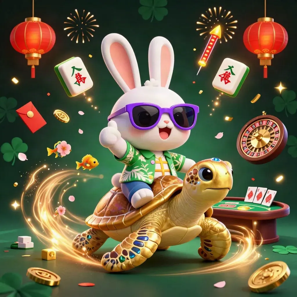 Lucky rabbit rides a golden turtle amid lanterns, coins, fireworks, and casino glam.