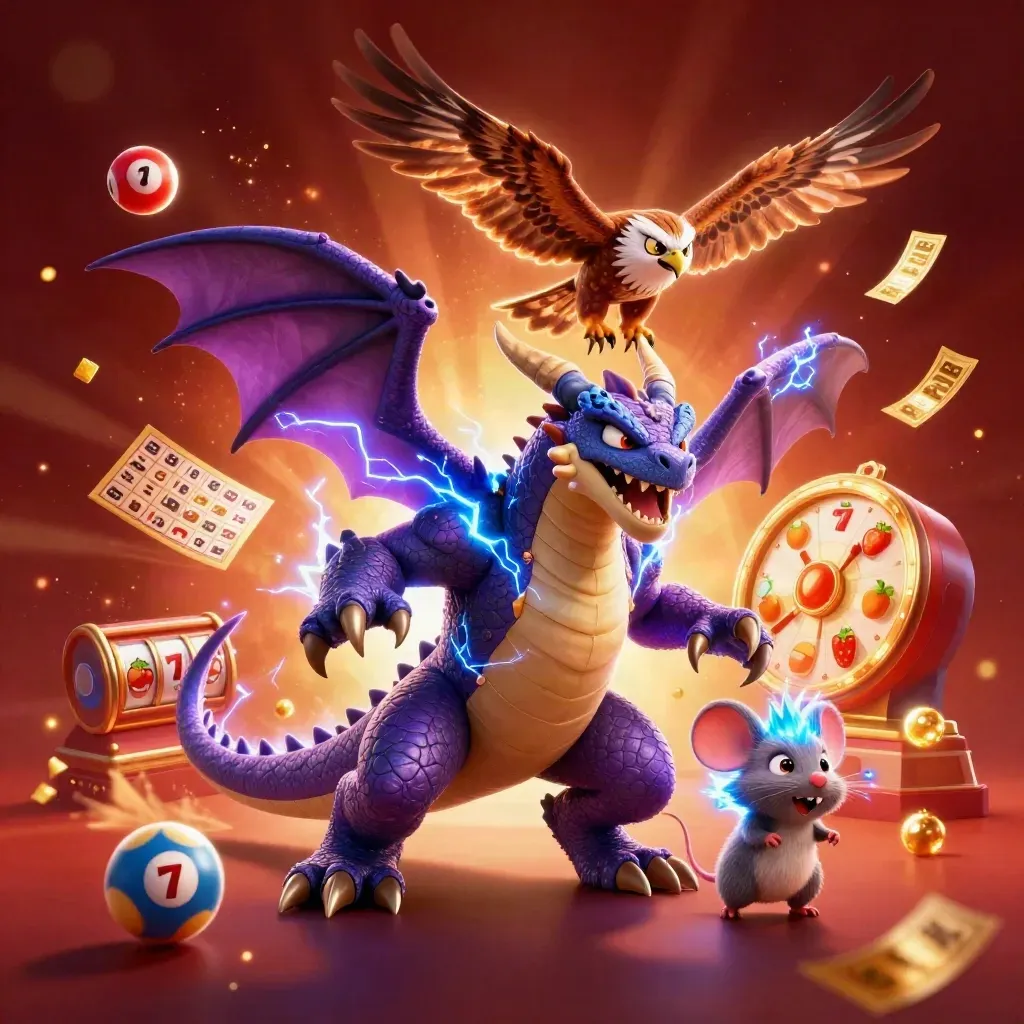 Thunder dragon, wind hawk, and static mouse burst amid casino loot, lightning, and glowing gems.