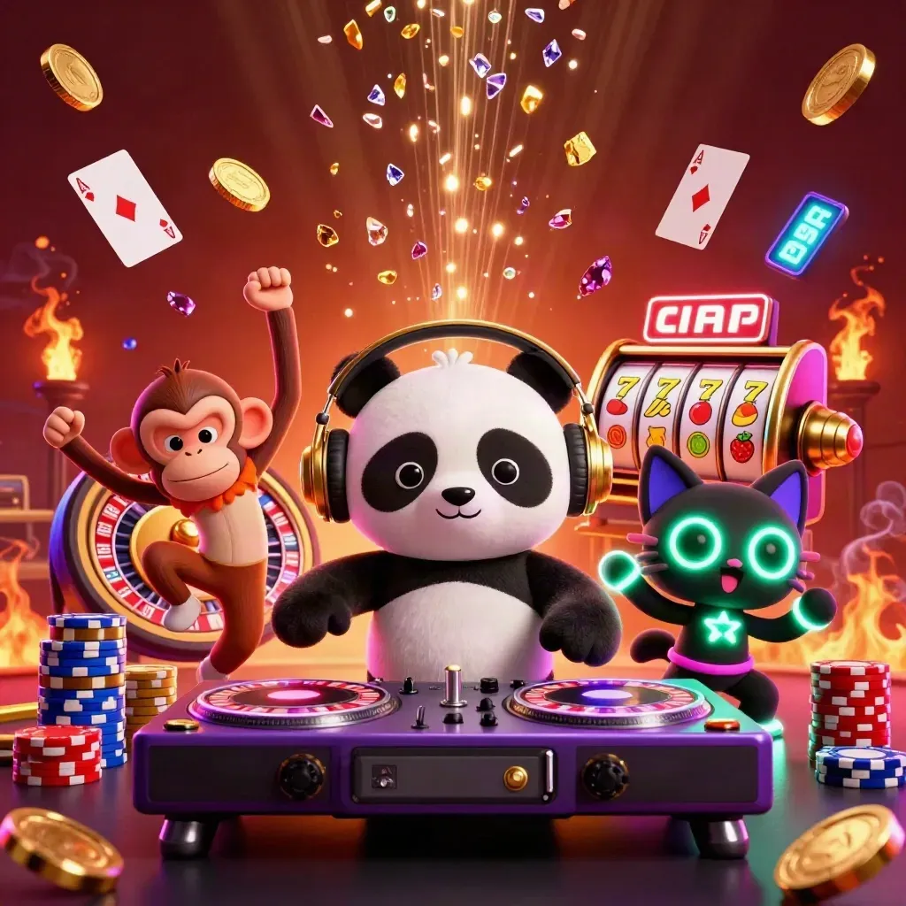 DJ panda, breakdancing monkey, and glow-stick kitten amid coins, chips, and fireworks.