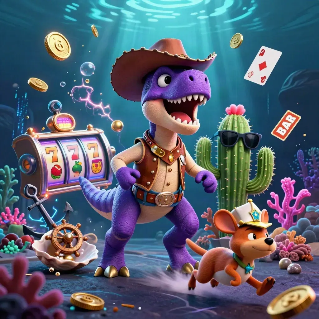 Cowboy T-Rex, cactus sidekick, and roadrunner in a glowing underwater treasure cove.